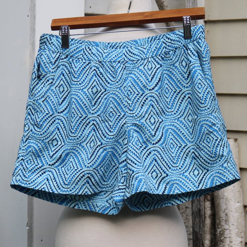 LL Bean Blue Wave Geometric Print Nylon Stowaway Swim Athleisure Shorts Sz SMALL